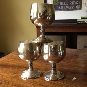 ROMA S.L. Silver Plated Wine Goblets Grape Leaf Motif Made in Spain ( Set of 3 )